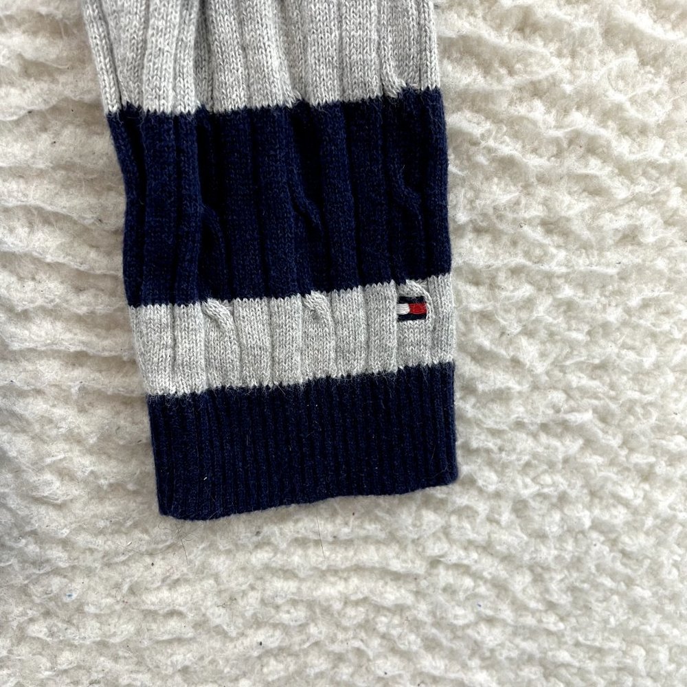Tommy Hilfiger Navy Blue Grey Striped Cable Knit V-Neck Sweater Womens M Medium - Picture 4 of 9